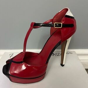 1- Le Chateau Red and Black Peep-Toe Heels